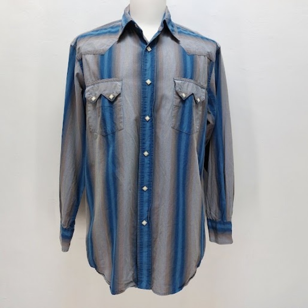 Lucky Brand Western Shirt Men's Large Blue Grey Ombre Stripe Pearl Snap Cowboy